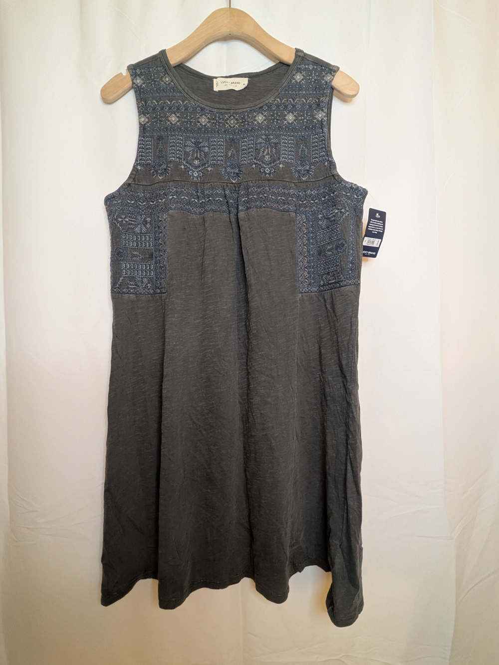 NWT Lucky Brand Sleeveless Embroidered Yoke Sundress in Slate Grey